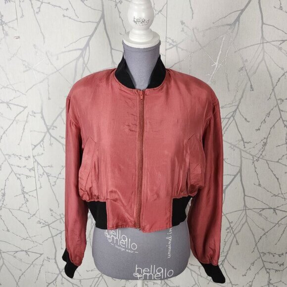 Vintage Jackets & Blazers - Vintage Salmon Pink 100% Silk Full Zip Cropped Bomber Jacket
